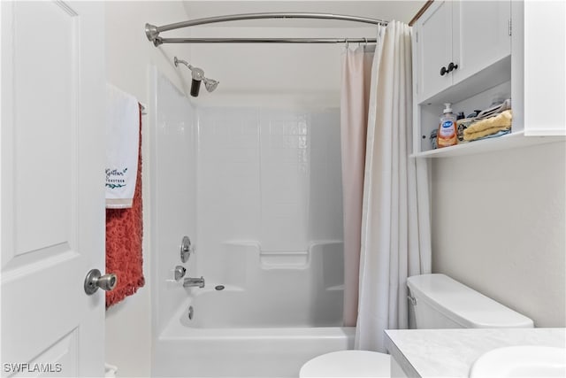 bathroom featuring toilet and shower / bathtub combination with curtain