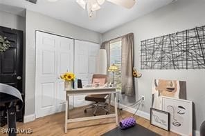 office area featuring ceiling fan and hardwood / wood-style floors