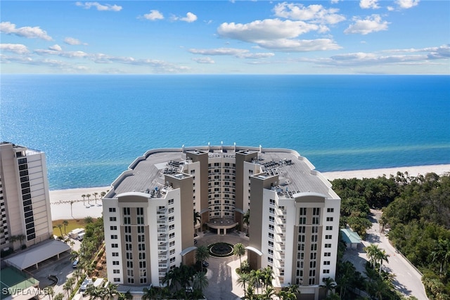 aerial view with a water view and a view of the beach