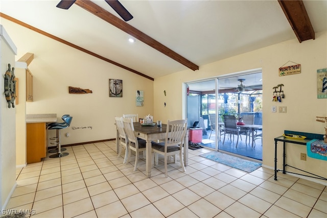 tiled dining room featuring vaulted ceiling with beams and ceiling fan