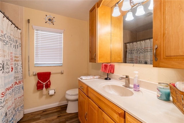 bathroom with vanity, hardwood / wood-style flooring, and toilet