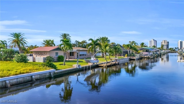 property view of water with a dock