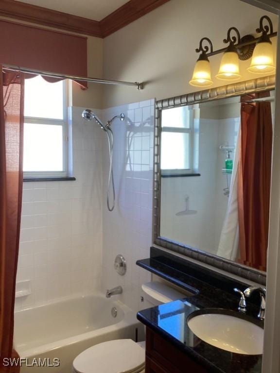 full bathroom with shower / bath combination with curtain, toilet, crown molding, and a wealth of natural light