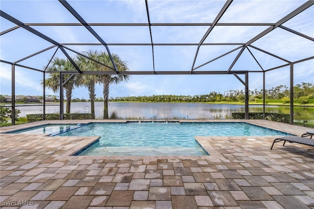 view of swimming pool featuring a patio area, a lanai, and a water view