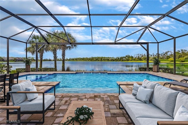 view of swimming pool with an outdoor living space, a water view, glass enclosure, and a patio area