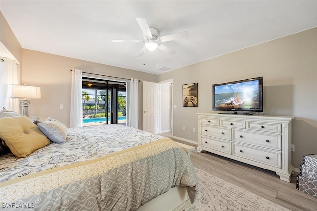 bedroom with ceiling fan, access to exterior, and light wood-type flooring