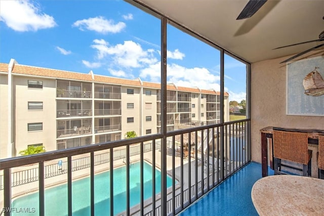 balcony with a ceiling fan