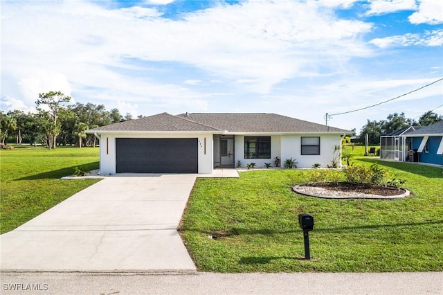 ranch-style home featuring a front yard and a garage