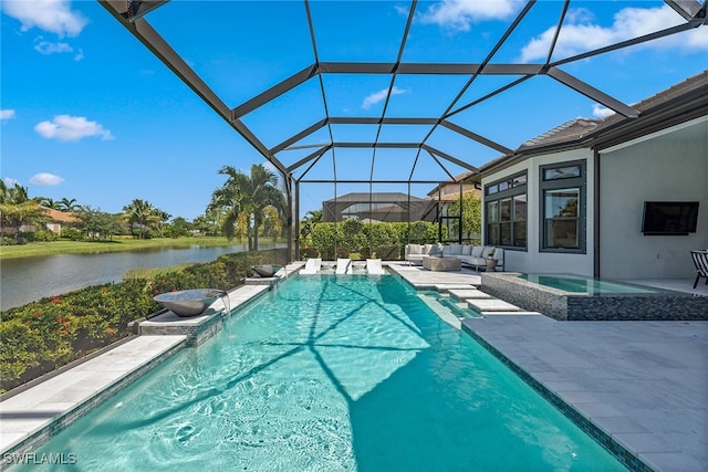 view of swimming pool featuring glass enclosure, a water view, outdoor lounge area, and a patio area