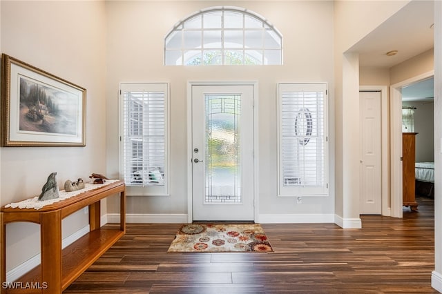 foyer entrance featuring dark wood-style flooring and baseboards