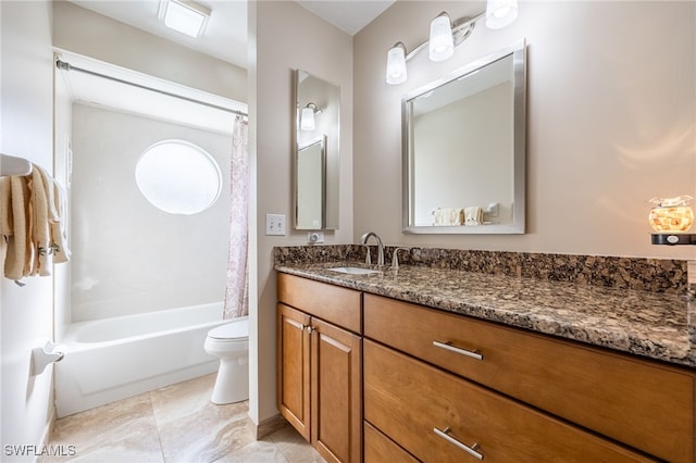 full bathroom with toilet, tile patterned flooring, vanity, and shower / tub combo with curtain