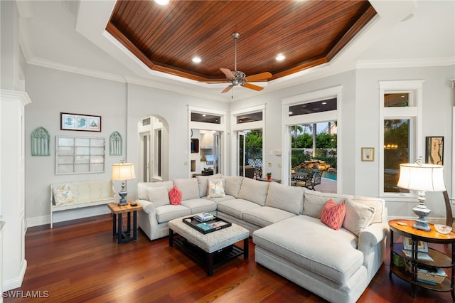 living room featuring dark hardwood / wood-style floors, a raised ceiling, wood ceiling, and ornamental molding