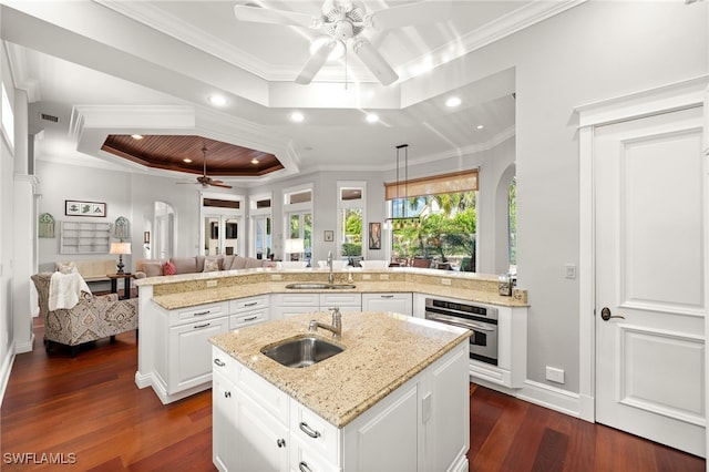 kitchen featuring a kitchen island with sink, dark wood-type flooring, oven, a raised ceiling, and sink