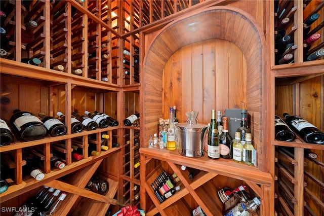 wine area featuring wood walls