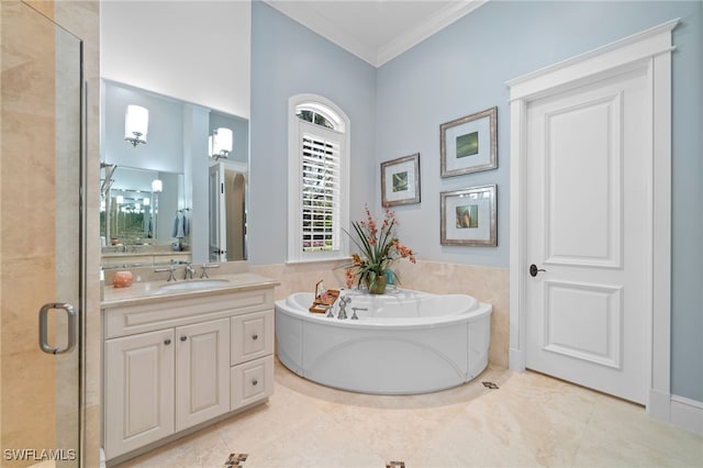 bathroom featuring tile patterned flooring, ornamental molding, vanity, and independent shower and bath