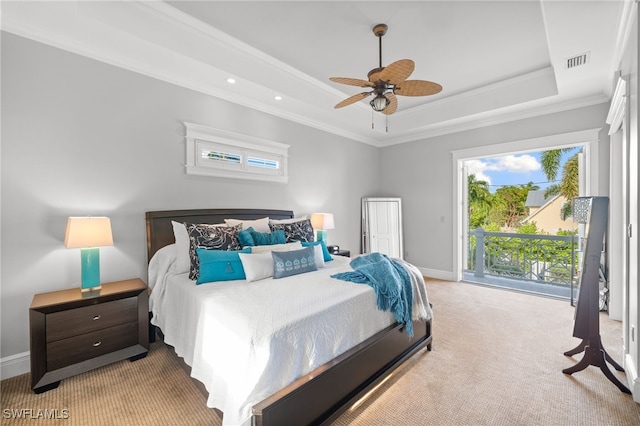 bedroom featuring access to exterior, light colored carpet, ceiling fan, and crown molding