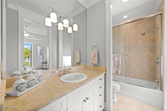 full bathroom with tile patterned floors, vanity, ornamental molding, and tiled shower / bath combo