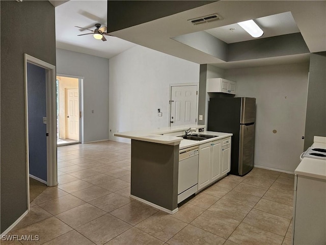 kitchen with light tile patterned flooring, dishwasher, ceiling fan, and white cabinetry