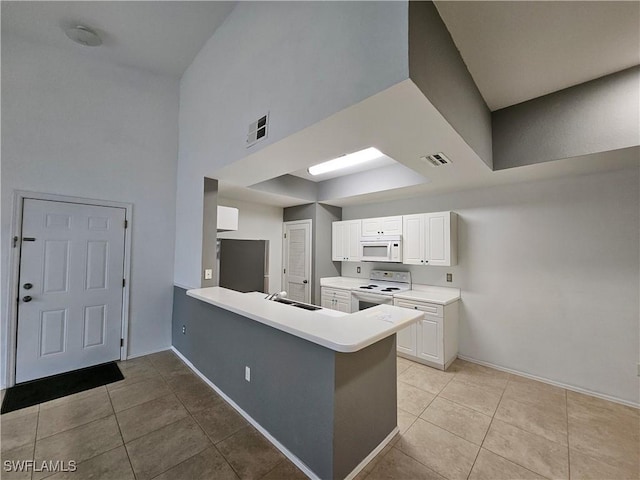 kitchen featuring white cabinetry, sink, kitchen peninsula, a towering ceiling, and white appliances