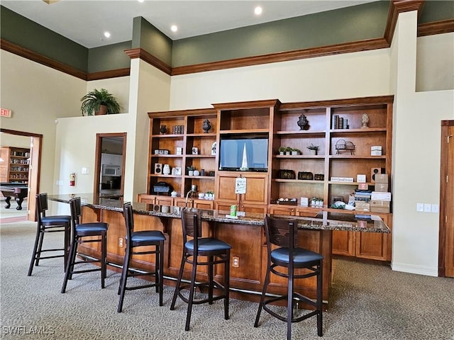 bar with dark stone countertops, carpet floors, and a high ceiling