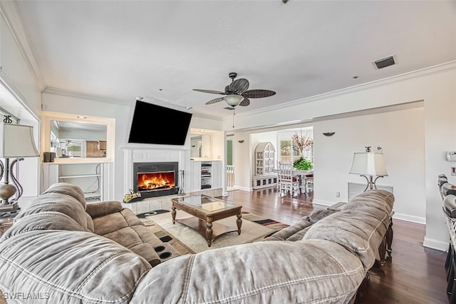 living room with a fireplace, crown molding, dark hardwood / wood-style flooring, and ceiling fan