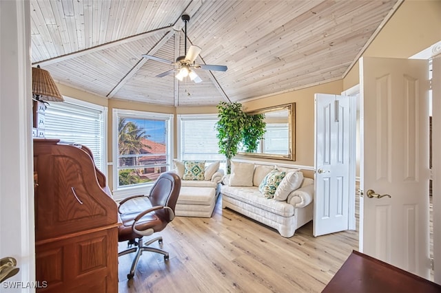 home office featuring ceiling fan, light hardwood / wood-style floors, wooden ceiling, and lofted ceiling