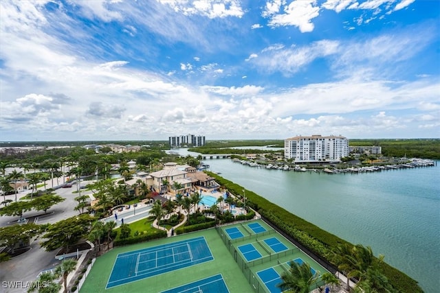 birds eye view of property featuring a water view