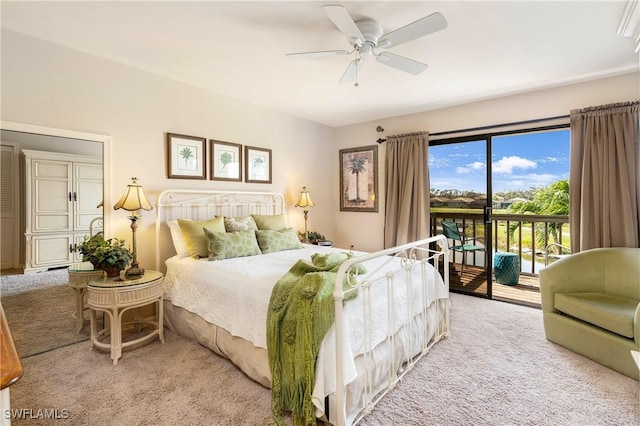 bedroom with a ceiling fan, access to outside, and light colored carpet