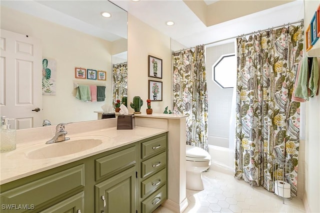 bathroom featuring tile patterned flooring, toilet, recessed lighting, shower / tub combo, and vanity