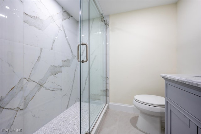 bathroom with walk in shower, vanity, and toilet