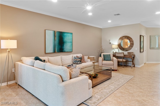 tiled living room featuring ceiling fan and ornamental molding