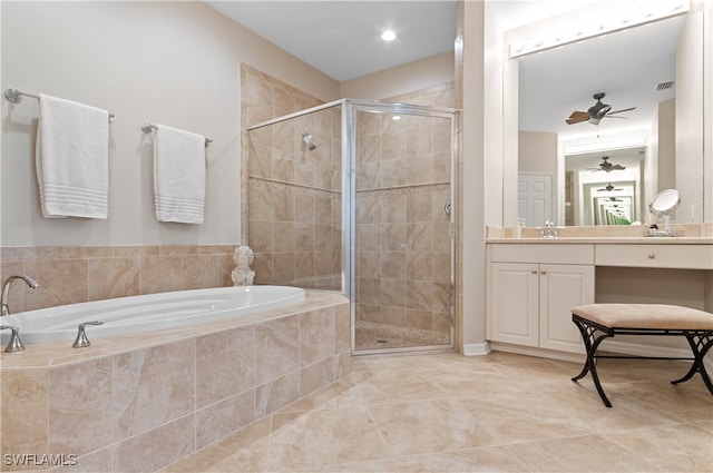 bathroom featuring vanity, shower with separate bathtub, and ceiling fan