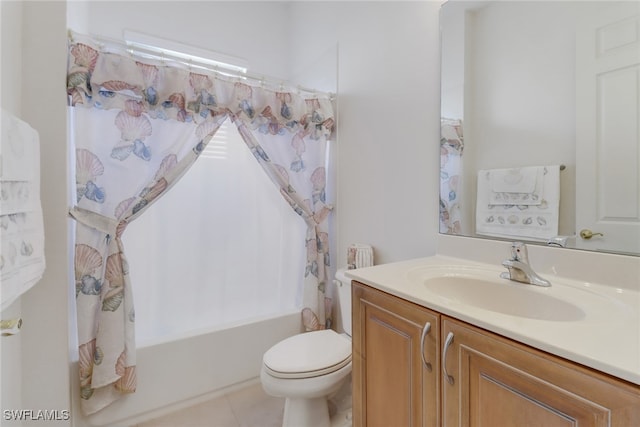 full bathroom with vanity, toilet, shower / bath combo with shower curtain, and tile patterned flooring