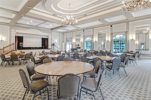 carpeted dining space featuring a towering ceiling, coffered ceiling, ornamental molding, and beamed ceiling