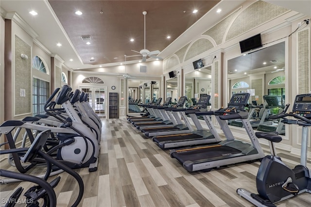 9246 Springview Loop, Estero, FL 33928 - gym with crown molding, a ceiling fan, recessed lighting, wood finished floors, and ornate columns