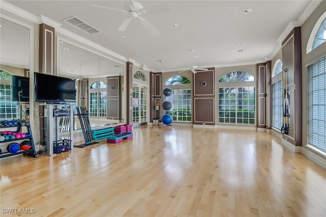 exercise room with crown molding, light hardwood / wood-style flooring, and ceiling fan