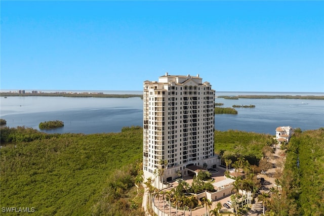 aerial view featuring a water view