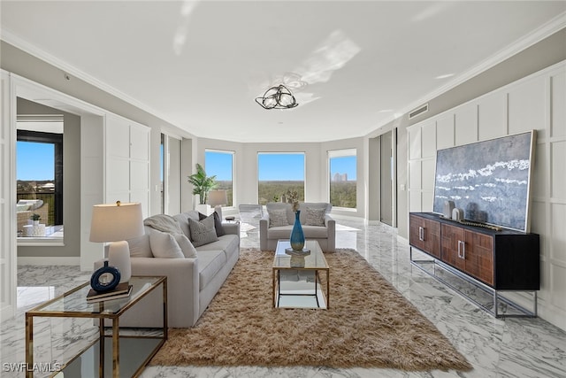 living room with crown molding