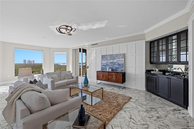 living area with ornamental molding, visible vents, and marble finish floor