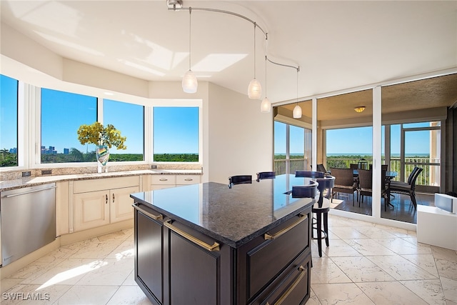 kitchen with dark stone countertops, dishwasher, and plenty of natural light