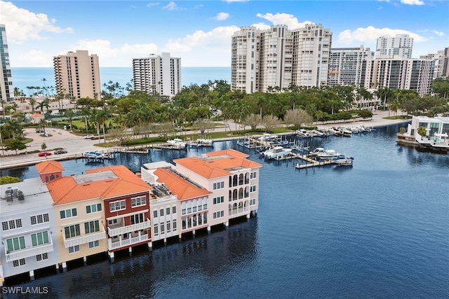 birds eye view of property featuring a water view