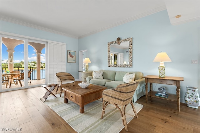 living room featuring ornamental molding and wood-type flooring