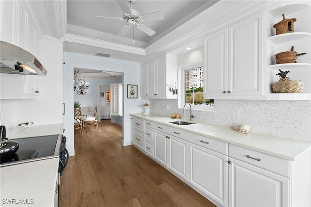 kitchen featuring sink, ceiling fan with notable chandelier, white range with electric cooktop, white cabinetry, and dark hardwood / wood-style floors