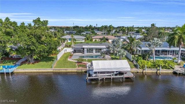 bird's eye view with a water view