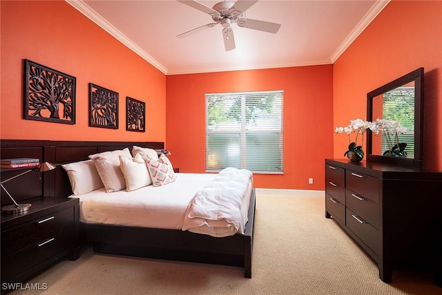 bedroom with ceiling fan, baseboards, light colored carpet, and crown molding