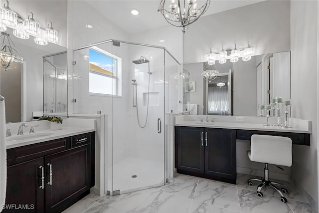 bathroom with vanity and walk in shower