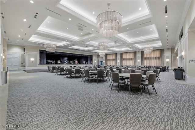 carpeted dining space featuring ornamental molding, coffered ceiling, and an inviting chandelier