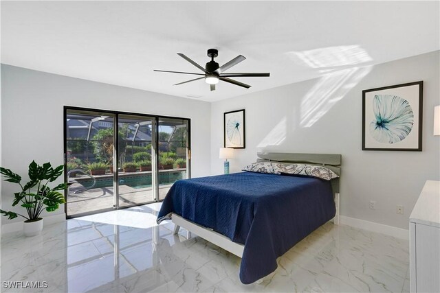 bedroom featuring ceiling fan and access to exterior