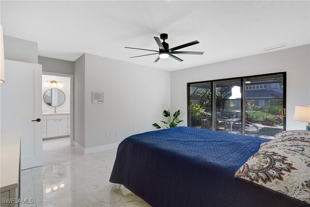 bedroom with access to exterior, ensuite bath, and ceiling fan