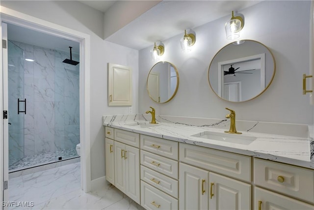 bathroom featuring walk in shower, vanity, and toilet